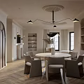 Modern Circular Living Dining Room With White Sofa Round Coffee Table Brown Chair And Chandelier