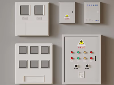 Various Electrical Control Panels With Warning Signs Buttons And Indicators 3d model