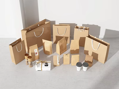 Minimalist Brown Paper Packaging Decorative Ornament Set With Bags Boxes And Cups 3d model