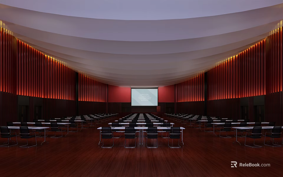 Spacious Conference Room With Arranged Tables Chairs Projection Screen Red Walls And Curved Ceiling 3d model 