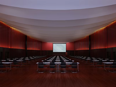 Spacious Conference Room With Arranged Tables Chairs Projection Screen Red Walls And Curved Ceiling 3d model