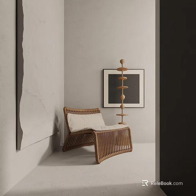 Woven Wooden Leisure Chair With Beige Cushion Decorative Sculpture And Wall Art In Minimalist Room 3d model 