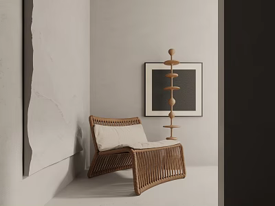 Woven Wooden Leisure Chair With Beige Cushion Decorative Sculpture And Wall Art In Minimalist Room 3d model