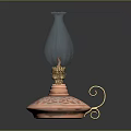 Vintage Candle Lamp With Copper Base Intricate Carvings Transparent Glass Shade And Curved Metal Handle