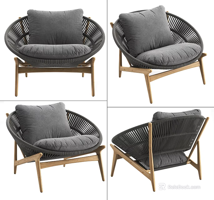 Modern Wicker Lounge Chair With Wooden Legs And Gray Cushions Shown In Multiple Angles 3d model 