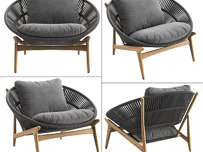 Modern Wicker Lounge Chair With Wooden Legs And Gray Cushions Shown In Multiple Angles 3d model