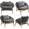 Modern Wicker Lounge Chair With Wooden Legs And Gray Cushions Shown In Multiple Angles