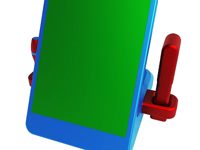 Blue Portable Smartphone With Green Screen Secured By Red Stand 3d model