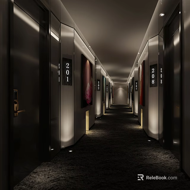 Hotel Corridor Featuring Room Numbers Modern Design Warm Lighting And Side Doors 3d model 