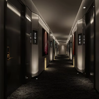 Hotel Corridor Featuring Room Numbers Modern Design Warm Lighting And Side Doors 3d model