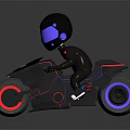 Futuristic Helmeted Biker Riding Sleek Black Motorcycle With Red Blue Wheels And Purple Visor