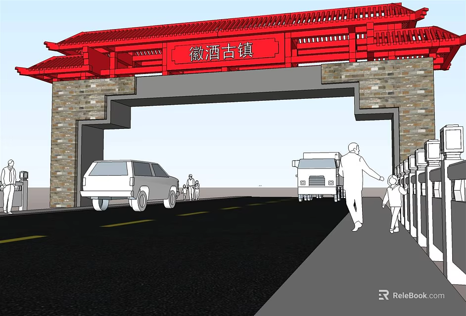 Traditional Red Chinese Archway at Longwan Ancient Town Entrance with Cars and Pedestrians 3d model 