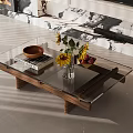 Modern Coffee Table With Glass Top Wooden Frame Sunflower Vase Books Bowl And Fruit Plate