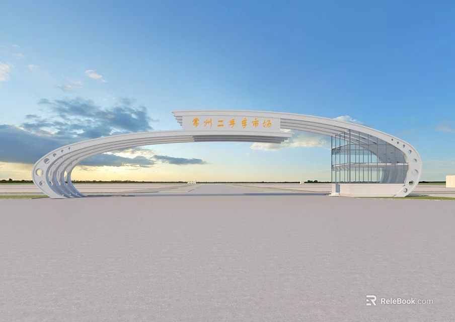 Modern Curved White Entrance Gate With Glass Elements And Arch Structure Design 3d model
