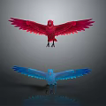 Flying Animals Colorful Red And Blue Birds With Spread Wings And Reflections