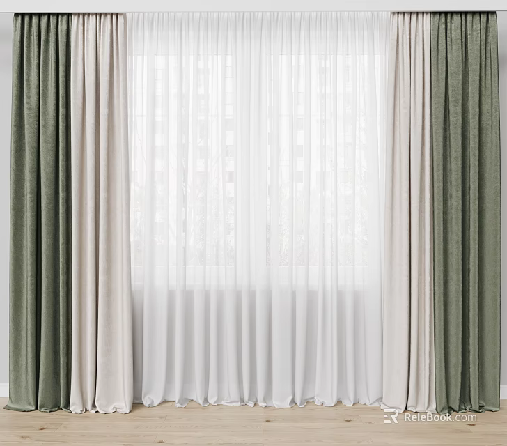 Elegant Green And Beige Window Curtains With White Sheer For Modern Home Interior Decor 3d model 