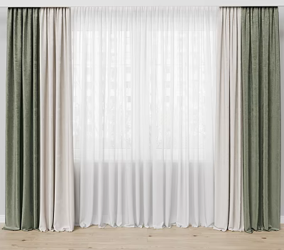 Elegant Green And Beige Window Curtains With White Sheer For Modern Home Interior Decor 3d model