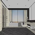 Modern Bathroom Interior Design With Large Windows Bathtub And Marble Vanity