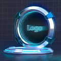 Modern Commercial Equipment Display With Circular Logo And Blue Glowing Metal Frame Stand