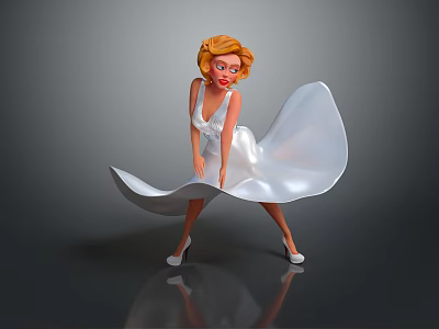 Cute Child in White Flowing Dress with Blonde Hair and High Heels on Gray Background 3d model