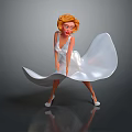 Cute Child in White Flowing Dress with Blonde Hair and High Heels on Gray Background
