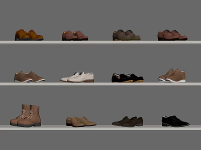 Assorted Shoes Including Boots Casual And Leather Styles In Multiple Colors On Shelves 3d model