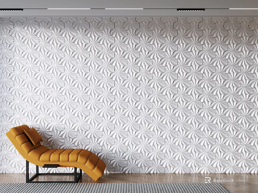 White Decorative Patterned Wall With Textured Design And Orange Accent Chair 3d model