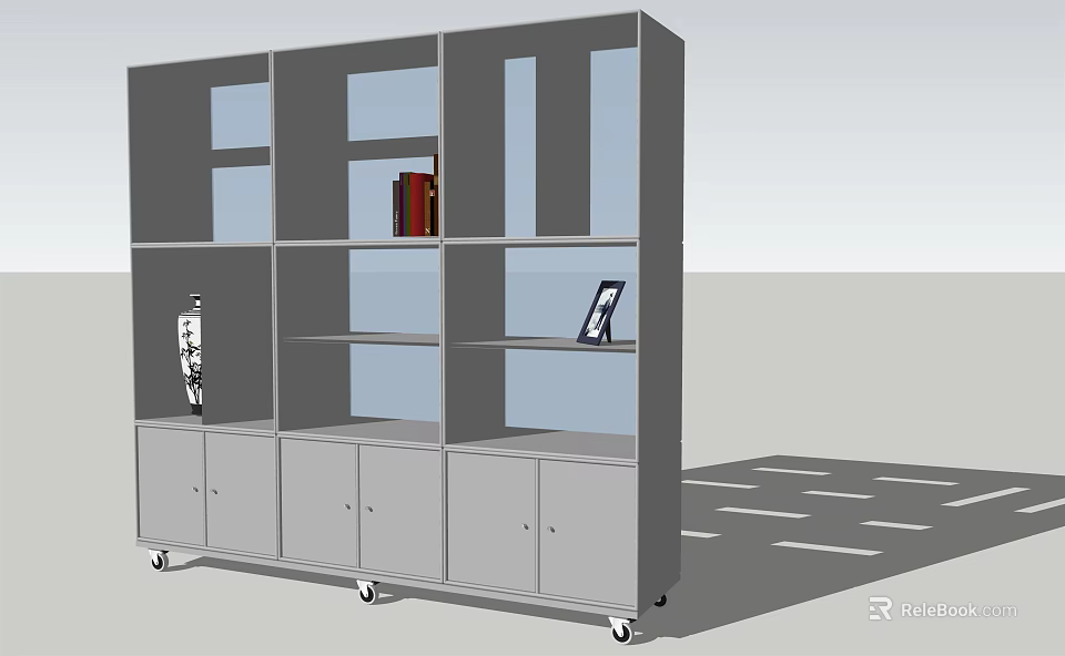 Modern Multi Compartment Bookcase with Open Shelves and Rolling Storage Cabinets for Books and Decor 3d model 
