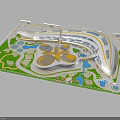 Modern Architectural Model With Curved Structure Yellow White Design Green Lawns Water Pools
