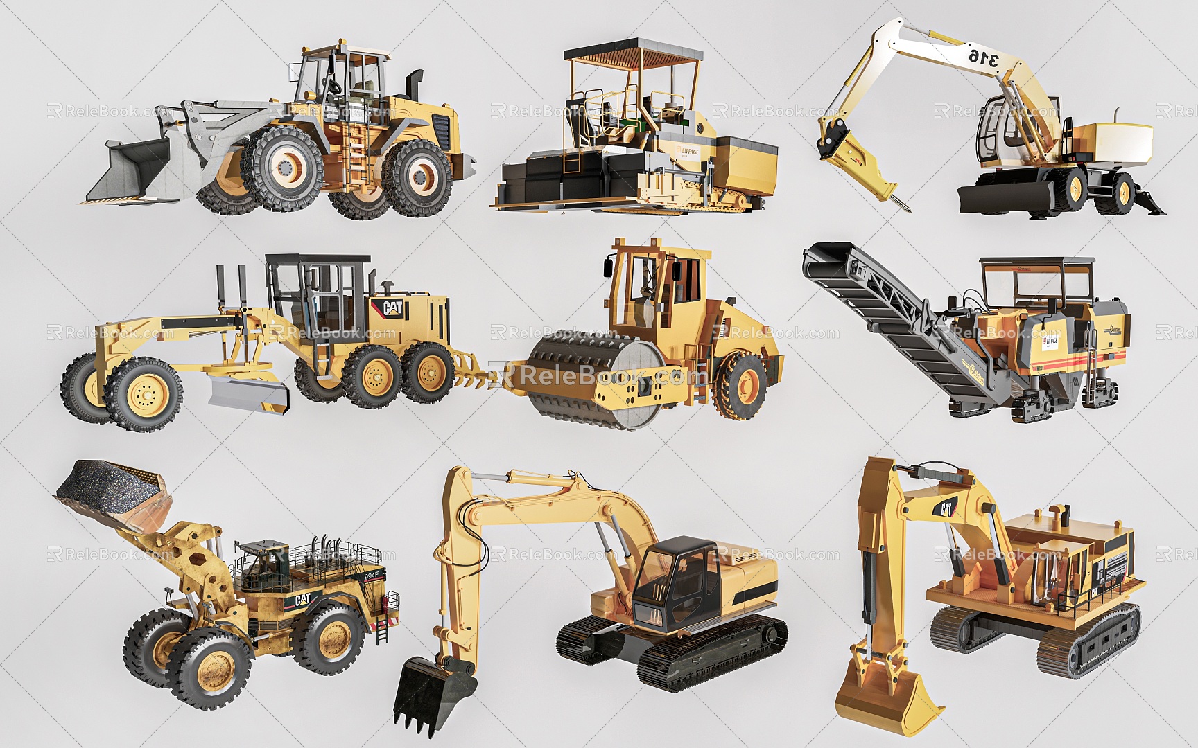 Road repair machinery bulldozer excavator construction machinery asphalt paver 3d model