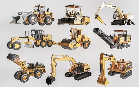 Road repair machinery bulldozer excavator construction machinery asphalt paver 3d model