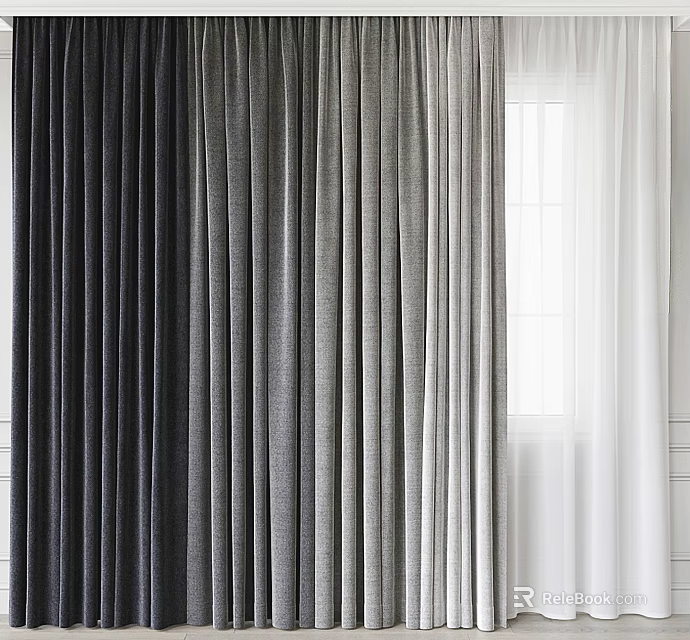 Elegant Pleated Curtains With Gray And White Textured Fabric For Window Interior Design 3d model 