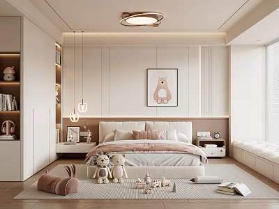 Modern Kids Room Interior With Bed Stuffed Toys Bear Art And Storage Cabinets 3d model