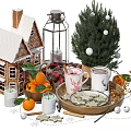Christmas Food Arrangement with Gingerbread House Cookies Oranges and Festive Christmas Decorations