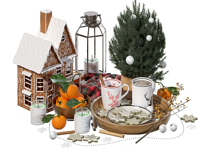 Christmas Food Arrangement with Gingerbread House Cookies Oranges and Festive Christmas Decorations 3d model