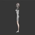 3D Female Character In Black Dress With Arms Outstretched On Gray Background