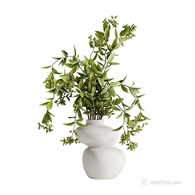 White Double Layered Vase With Fresh Green Leaves And Small Flowers 3d model 