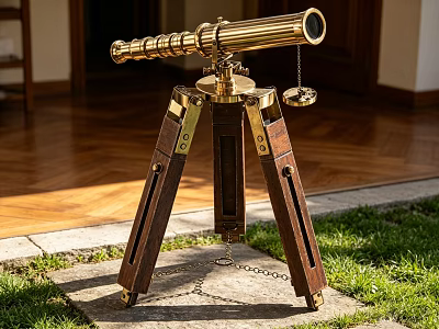 Brass Telescope On Wooden Tripod Stand In Outdoor Yard With Stone Pavement And Grass 3d model