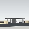 Modern Entrance Gate Design With Stone Columns Wooden Canopy And Blue Sky