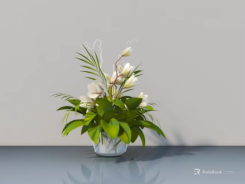 White Flowers in Transparent Vase with Green Leaves on Gray Countertop and Light Gray Wall 3d model 