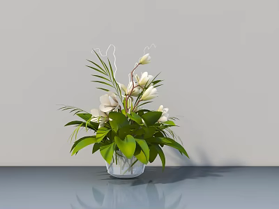 White Flowers in Transparent Vase with Green Leaves on Gray Countertop and Light Gray Wall 3d model