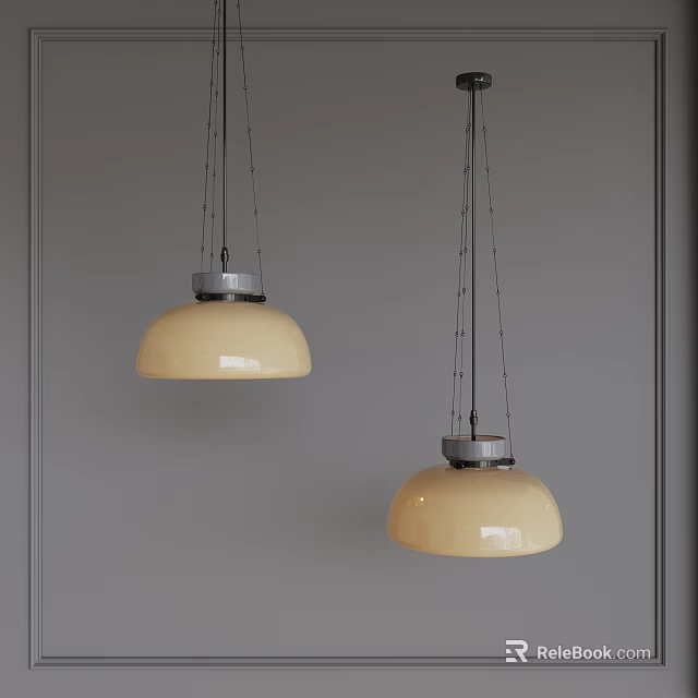 Two Cream Colored Shade Pendant Lights With Silver Bases Suspended By Black Chains Against Gray Wall 3d model 