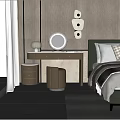Modern Dressing Table With Round Mirror Drawer Cabinet Stool And Wall Decor In Bedroom Interior 3d model