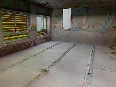 Abandoned Room Interior With Peeling Walls Broken Windows Concrete Floor And Metal Tracks 3d model