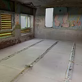 Abandoned Room Interior With Peeling Walls Broken Windows Concrete Floor And Metal Tracks