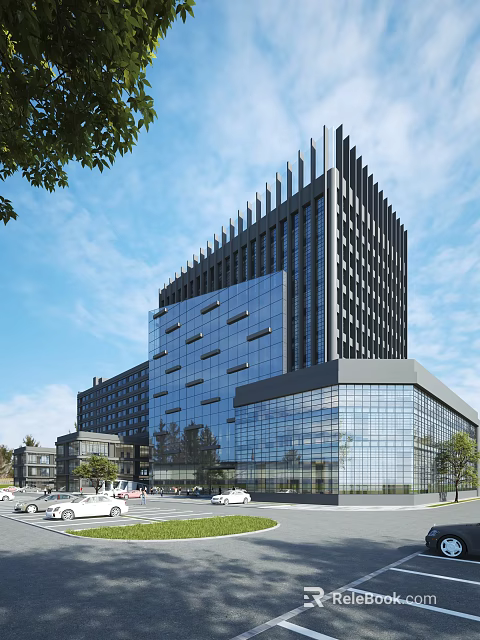 Modern High Rise Office Building With Glass Curtain Wall And Surrounding Trees 3d model 