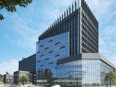 Modern High Rise Office Building With Glass Curtain Wall And Surrounding Trees 3d model