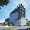 Modern High Rise Office Building With Glass Curtain Wall And Surrounding Trees