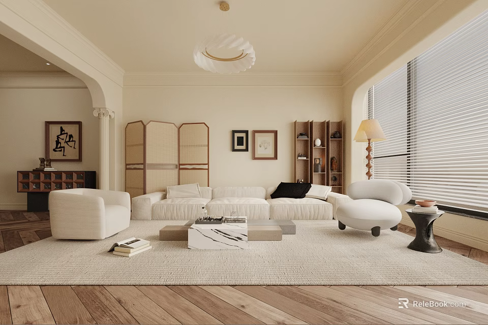 Modern Living Room Interior With White Sofa Light Rug Floor Lamp And Wooden Divider 3d model 