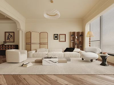 Modern Living Room Interior With White Sofa Light Rug Floor Lamp And Wooden Divider 3d model